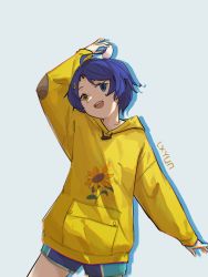Rule 34 | 1girl, ahoge, artist name, blue eyes, blue hair, blue shorts, commentary request, cowboy shot, egg, egg (food), floral print, food, grey background, hair ornament, hairclip, heterochromia, highres, holding, holding egg, hood, hoodie, liuxingyun lxyun, long sleeves, looking at viewer, ooto ai, open mouth, orange eyes, shadow, short hair, shorts, simple background, smile, solo, sunflower print, teeth, triangle hair ornament, upper teeth only, wonder egg priority, yellow hoodie