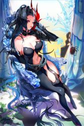 Rule 34 | 10s, 1girl, artist request, asymmetrical legwear, asymmetrical underboob, beckoning, belt, black hair, black thighhighs, blade &amp; soul, breasts, center opening, chair, cleavage, detached collar, female focus, gauntlets, highres, large breasts, lipstick, long hair, looking at viewer, makeup, mismatched legwear, multiple belts, navel, parted lips, pink eyes, planted, ran yu (blade and soul), single thighhigh, sitting, solo, thighhighs, throne, underboob, weapon