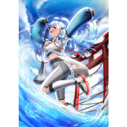 Rule 34 | 0a studio, 1girl, :d, blue eyes, blue hair, blue sky, bride, crop top, cropped jacket, highres, hololive, hololive indonesia, jumping, kobo kanaeru, long hair, long sleeves, midriff, open mouth, pants, shoes, sky, sleeves past fingers, sleeves past wrists, smile, virtual youtuber, water