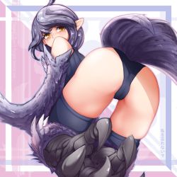 Rule 34 | 1girl, ahoge, ass, bare shoulders, bird tail, black panties, blush, cameltoe, commentary, english text, from behind, grey hair, harpy, harpy (monster girl encyclopedia), looking back, monster girl, monster girl encyclopedia, nanostar, panties, pointy ears, short hair, solo, tail, talons, thighhighs, underwear, winged arms, wings, yellow eyes