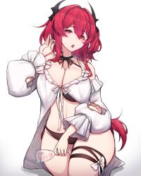 Rule 34 | 1girl, absurdres, arknights, bare shoulders, bikini, black choker, breasts, choker, cleavage, commentary request, cup, detached sleeves, hair between eyes, hair intakes, highres, holding, holding cup, horns, large breasts, long hair, long sleeves, looking at viewer, official alternate costume, open mouth, purple eyes, red hair, rikuguma, solo, stomach, surtr (arknights), surtr (colorful wonderland) (arknights), swimsuit, thigh strap, thighs, very long hair, white background
