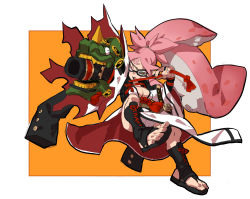 Rule 34 | 1girl, absurdres, amputee, arm cannon, baiken, baiken (cosplay), big hair, boots, breasts, cleavage, concealed weapon, cosplay, cross-laced footwear, domino mask, eyepatch, facial tattoo, full body, guilty gear, guilty gear xrd, highres, inkling player character, japanese clothes, kimono, lace-up boots, long hair, makai, mask, medium breasts, nintendo, one-eyed, pink eyes, pink hair, ponytail, scar, scar across eye, scar on face, shoes, solo, splatoon (series), tattoo, tentacle hair, toeless footwear, weapon, wide sleeves