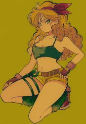 Rule 34 | 1girl, blonde hair, boots, breasts, crop top, curly hair, dragon ball, dragon ball (classic), film grain, fingerless gloves, gloves, green background, green eyes, hairband, highres, holster, kneeling, leg holster, long hair, looking at viewer, lunch (bad) (dragon ball), lunch (dragon ball), medium breasts, navel, on one knee, pikurusu, short shorts, shorts, smile, solo, thigh holster