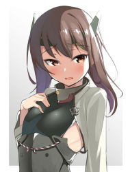 Rule 34 | 10s, 1girl, arm at side, bad id, bad pixiv id, blush, breasts, brown eyes, brown hair, commentary, hair between eyes, hand on own chest, headband, headgear, kantai collection, kurogoma (haruhi3), looking at viewer, muneate, open mouth, short hair, small breasts, solo, taihou (kancolle), upper body