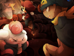 Rule 34 | &gt; &lt;, 2boys, blue eyes, brown hair, cloak, cowering, doll joints, closed eyes, facial hair, fighting, from behind, geno (mario), gloves, hammer, hat, joints, mallow (mario), mario, mario (series), multiple boys, mustache, nintendo, nozomu (dherbray-anc), open mouth, scarf, smithy, super mario rpg, tears