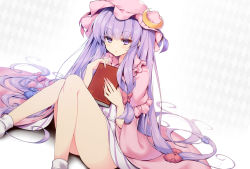 Rule 34 | 1girl, absurdly long hair, bare legs, blue bow, book, bow, capelet, crescent, crescent hat ornament, dress, grey background, hair bow, hat, hat ornament, highres, holding, holding book, long hair, long sleeves, looking at viewer, mob cap, patchouli knowledge, pink capelet, pink hat, purple dress, purple eyes, purple hair, red bow, sakurame, sitting, socks, solo, thighs, touhou, very long hair, white socks, wide sleeves