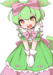 Rule 34 | 1girl, blush, bow, buttons, dress, fun bo, green dress, green hair, hair between eyes, hair bow, highres, layered dress, open mouth, pink bow, short hair, short sleeves, simple background, solo, voicevox, white background, yellow eyes, zundamon