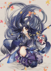 Rule 34 | 1girl, animal ears, arknights, autumn leaves, black hair, black kimono, commentary, dog ears, fingerless gloves, gloves, grey background, highres, hip vent, holding, holding weapon, japanese clothes, kimono, knee pads, long hair, long sleeves, pants, parted lips, pupps, purple pants, saga (arknights), solo, very long hair, weapon, wide sleeves, yellow eyes