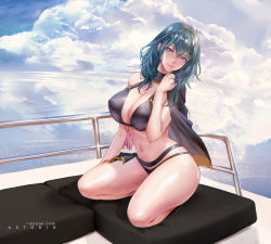 Rule 34 | 1girl, aztodio, bikini, black bikini, blue eyes, breasts, byleth (female) (fire emblem), byleth (female) (summer) (fire emblem), byleth (fire emblem), cleavage, day, detached collar, fire emblem, fire emblem: three houses, full body, head tilt, highres, large breasts, looking at viewer, nintendo, official alternate costume, outdoors, solo, stomach, swimsuit, thighs