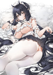 Rule 34 | 1girl, absurdres, apron, ass, azur lane, bed sheet, black hair, black skirt, breasts, brown eyes, closed mouth, clothes lift, commentary, hair between eyes, highres, indomitable (azur lane), indomitable (ms. motivationless maid) (azur lane), large breasts, leggings, lifting own clothes, long hair, looking at viewer, lying, maid, maid apron, maid headdress, on side, skirt, skirt lift, solo, thighs, underboob, very long hair, white leggings, yukineko1018