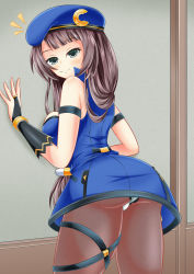 Rule 34 | 1girl, against wall, ass, bare shoulders, beret, black hair, blush, breast press, breasts, bridal gauntlets, brown hair, c-sha, dress, from behind, hat, highres, kyou (hibikit), large breasts, long hair, looking at viewer, neptune (series), panties, panties over pantyhose, pantyhose, shin jigen game neptune vii, shiny clothes, shiny skin, short dress, sideboob, smile, solo, underwear