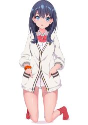 Rule 34 | 1girl, absurdres, badge, black hair, blue eyes, bow, bowtie, breasts, chestnut mouth, collar, dot nose, eyelashes, full body, gibun (sozoshu), gridman universe, hands in pockets, highres, jacket, kneeling, legs, long hair, long sleeves, looking at viewer, medium breasts, no pants, open mouth, red bow, red bowtie, red socks, shirt, single wrist cuff, socks, solo, ssss.gridman, straight hair, takarada rikka, thighs, transparent background, uniform, white collar, white jacket, white shirt, wrist cuffs