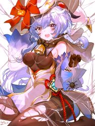 Rule 34 | 1girl, ahoge, bare shoulders, bell, black gloves, blue hair, blush, breasts, brown pantyhose, bug, dated, detached sleeves, embarrassed, ganyu (genshin impact), genshin impact, gloves, gold trim, hat, highres, horns, long hair, looking at viewer, medium breasts, neck bell, open mouth, pantyhose, purple eyes, sidelocks, signature, silk, sitting, solo, spider, spider web, ta-to (sprout), tears, thighlet, thighs, torn clothes, torn pantyhose, vision (genshin impact), wavy mouth, white background, white sleeves, witch hat, yokozuwari