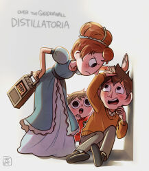 Rule 34 | 1girl, 2boys, beatrice (over the garden wall), black eyes, blue dress, blush, brothers, brown hair, closed mouth, commentary, copyright name, dress, english commentary, freckles, gregory (over the garden wall), hand on own hip, highres, kabedon, looking at another, multiple boys, open mouth, over the garden wall, profile, puffy short sleeves, puffy sleeves, red hair, shadow, short hair, short sleeves, siblings, simple background, step-siblings, teeth, tempizza, upper teeth only, white background, wirt (over the garden wall)