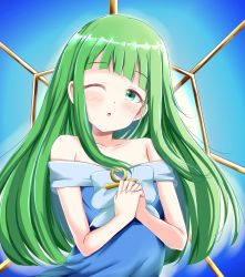 Rule 34 | 1girl, andrew (duel angel), ankh, bare shoulders, blue dress, blush, breasts, commentary, dian keto the cure maiden, dress, duel monster, eyes visible through hair, flat chest, green eyes, green hair, highres, long hair, looking at viewer, one eye closed, open mouth, own hands together, praying, yu-gi-oh!, yu-gi-oh! go rush!!, yu-gi-oh! rush duel