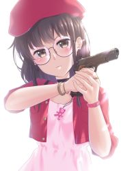 Rule 34 | 1girl, absurdres, brown eyes, brown hair, closed mouth, dress, earrings, glasses, gun, handgun, hat, highres, holding, holding gun, holding weapon, jacket, jewelry, lusan666, m1911, original, pink dress, red hat, red hat girl (lusan666), red jacket, star (symbol), star earrings, weapon, white background, wristband