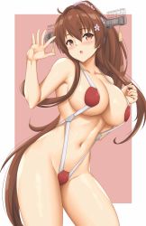 Rule 34 | 1girl, arcie albano, blush, breasts, brown eyes, brown hair, cleavage, collarbone, cowboy shot, flower, groin, hair between eyes, hair flower, hair ornament, highres, kantai collection, large breasts, long hair, navel, open mouth, pink flower, ponytail, solo, very long hair, yamato (kancolle)