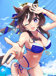 Rule 34 | 1girl, alternate costume, animal ears, armpits, beret, bikini, blush, breasts, commentary request, earrings, fingernails, hair ornament, hat, highres, horse ears, horse girl, jewelry, medium breasts, mole, mole under eye, navel, ocean, open mouth, purple eyes, single earring, sky, solo, swimsuit, taniko shanokoya, twintails, umamusume, vivlos (umamusume), wet