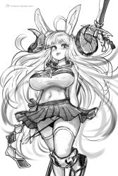 Rule 34 | 1girl, :p, ahoge, anila (granblue fantasy), animal ears, bbc-chan, blush, breasts, draph, easter, fake animal ears, granblue fantasy, greyscale, highres, horns, huge ahoge, large breasts, long hair, looking at viewer, midriff, miniskirt, monochrome, navel, nose blush, panties, panty pull, pleated skirt, polearm, pulling own clothes, pussy, rabbit ears, sailor collar, sheep horns, short eyebrows, skirt, solo, spear, thighhighs, tongue, tongue out, uncensored, underwear, undressing, upskirt, weapon, weapon on back
