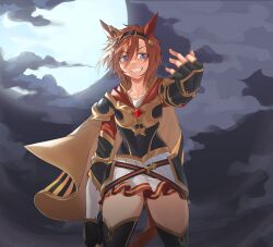 Rule 34 | 1girl, armor, black armor, black cape, black thighhighs, blue eyes, breastplate, brown hair, cape, cloud, cloudy sky, collarbone, commentary, cowboy shot, durandal (racehorse), faulds, fukuro (maruaru00), full moon, genderswap, genderswap (mtf), gold trim, grin, highres, looking at viewer, moon, night, night sky, original, outdoors, pauldrons, personification, short hair, shoulder armor, sky, smile, solo, striped cape, thighhighs, two-tone cape, umamusume, vambraces, white hair, yellow cape