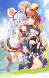 Rule 34 | 2girls, :d, ;d, absurdres, animal ears, anthuria, artist name, balloon, black gloves, black kimono, blue hair, blue sky, blush, breasts, brown eyes, brown hair, cleavage cutout, clothing cutout, cloud, commentary request, crop top, day, erune, flower, gloves, granblue fantasy, grass, hair flower, hair ornament, highres, japanese clothes, kimono, kneeling, kuro chairo no neko, looking at viewer, medium breasts, midriff, miniskirt, mouse ears, multiple girls, navel, one eye closed, open mouth, outdoors, pleated skirt, red eyes, rose, shoes, short hair, single glove, skirt, sky, smile, socks, standing, tabi, teeth, upper teeth only, v, vikala (granblue fantasy), white flower, white rose, white skirt, wide sleeves