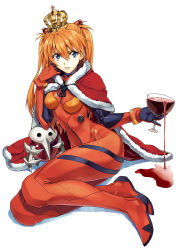 Rule 34 | 1girl, alcohol, angel (evangelion), blue eyes, breasts, brown hair, cape, crown, cup, drinking glass, full body, fur-trimmed cape, fur trim, hairpods, holding, leaning to the side, long hair, looking at viewer, luna (reclaimed land), neon genesis evangelion, orange hair, pinky out, plugsuit, rebuild of evangelion, red cape, red wine, sachiel (evangelion), simple background, sitting, small breasts, solo, souryuu asuka langley, spilling, white background, wine, wine glass