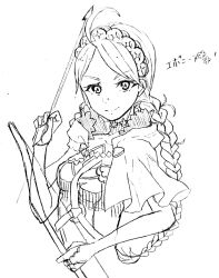 Rule 34 | 1girl, ahoge, arrow (projectile), bow (weapon), braid, breasts, buttons, fire emblem, fire emblem fates, greyscale, hairband, harness, holding, holding arrow, holding bow (weapon), holding weapon, long hair, looking at viewer, low twin braids, medium breasts, monochrome, nina (fire emblem), nintendo, o-ring, parted bangs, twin braids, tyotto ko i, upper body, weapon