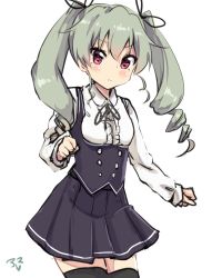 Rule 34 | 10s, 1girl, alternate costume, amano kouki, anchovy (girls und panzer), black thighhighs, blush, buttons, dress, drill hair, girls und panzer, hair ribbon, highres, long hair, long sleeves, looking at viewer, overalls, red eyes, ribbon, shirt, simple background, solo, thighhighs, twin drills, twintails, white background, white shirt