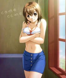 Rule 34 | 00s, 1girl, armband, bare shoulders, blush, breast hold, breasts, brown eyes, brown hair, cleavage, elie, macha (come-come), midriff, miniskirt, pencil skirt, rave, short hair, skirt, solo, tank top, window