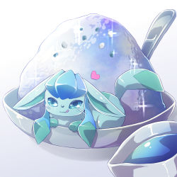 Rule 34 | :3, animal focus, aqua hair, blue eyes, blue hair, blue sclera, blush, bowl, closed mouth, colored sclera, creatures (company), ears down, food, food focus, game freak, gen 4 pokemon, glaceon, gradient background, grey background, happy, heart, highres, in food, kakiikada, licking lips, long hair, looking at viewer, multicolored hair, nintendo, no humans, oversized food, oversized object, pokemon, pokemon (creature), shaved ice, simple background, smile, solo, sparkle, spoon, tongue, tongue out, twintails, two-tone hair