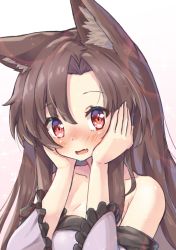 Rule 34 | 1girl, :d, animal ears, bare shoulders, blush, brown hair, commentary request, fang, frilled sleeves, frills, hands on own cheeks, hands on own face, imaizumi kagerou, long hair, long sleeves, looking at viewer, nose blush, onomiya, open mouth, red eyes, skin fang, smile, touhou, wolf ears