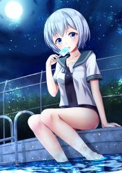 Rule 34 | 1girl, arm support, bare legs, barefoot, blue eyes, blush, breasts, bush, chain-link fence, collarbone, commentary request, dutch angle, fence, food, full moon, highres, holding, holding food, looking at viewer, md5 mismatch, medium breasts, moe2018, moon, night, night sky, omoomomo, open clothes, open shirt, original, outdoors, parted lips, pool, pool ladder, poolside, popsicle, resolution mismatch, school swimsuit, school uniform, serafuku, shirt, short hair, short sleeves, silver hair, sitting, sky, soaking feet, solo, source larger, star (sky), starry sky, swimsuit, swimsuit under clothes, water, white shirt