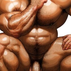 Rule 34 | 1boy, abs, bara, completely nude, cowboy shot, flaccid, hairy, hand up, head out of frame, jiraiya (mangaka), large pectorals, male focus, male pubic hair, muscular, muscular male, navel, navel hair, nipples, nude, original, pectorals, penis, pubic hair, shiny skin, solo, strongman waist, thick arm hair, thick chest hair, thick leg hair, thick navel hair, thick thighs, thighs, uncensored, very hairy
