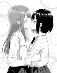 Rule 34 | 2girls, absurdres, betock, blunt bangs, blurry, blush, bokeh, bow, bowtie, closed eyes, collared shirt, commentary request, depth of field, from side, greyscale, hand on another&#039;s arm, hand on another&#039;s shoulder, highres, imminent kiss, long hair, long sleeves, medium hair, monochrome, multiple girls, open mouth, original, parted lips, school uniform, shirt, short hair, upper body, yuri