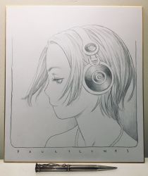 Rule 34 | 1girl, art tools in frame, bare shoulders, border, closed mouth, english text, floating hair, graphite (medium), greyscale, half-closed eyes, headphones, highres, jewelry, looking away, looking down, looking to the side, mechanical pencil, monochrome, murata range, necklace, original, pencil, photo (medium), portrait, profile, shikishi, short hair, solo, traditional media