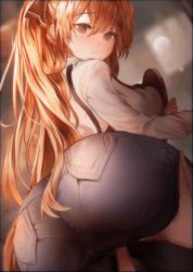 Rule 34 | 1girl, animated, animated gif, apron, ass, ass grab, bent over, blurry, blurry background, blush, brown apron, brown hair, deep skin, denim, dithering, dutch angle, girls&#039; frontline, green eyes, hair between eyes, hair ribbon, high ponytail, holding, holding tray, huge ass, jeans, long hair, looking at viewer, looking back, male hand, nose blush, open mouth, pants, ribbon, shirt, springfield (girls&#039; frontline), suru (ksoo420), sweat, tray, very long hair, white shirt