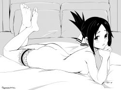 Rule 34 | 1girl, ass, bed sheet, breasts, bridal garter, completely nude, crossed ankles, feet, feet up, folded ponytail, forehead, greyscale, hair ribbon, high contrast, highres, kaguya-sama wa kokurasetai ~tensai-tachi no renai zunousen~, legs up, looking at viewer, lying, monochrome, nipples, nude, on bed, on stomach, parted bangs, pillow, ribbon, shinomiya kaguya, small breasts, soles, solo, squeezable (squeezabledraws), the pose, toes