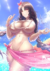 Rule 34 | 1girl, bare shoulders, bikini, black hair, blue sky, blush, bracelet, braid, breasts, chest tattoo, cleavage, facial mark, fate/grand order, fate (series), flower, forehead mark, grin, hair flower, hair ornament, highres, jewelry, large breasts, long hair, looking at viewer, multicolored hair, nail polish, navel, necklace, ocean, parted bangs, pearl bracelet, pearl necklace, pink hair, sarong, sessyoin kiara, sessyoin kiara (swimsuit mooncancer), sessyoin kiara (swimsuit mooncancer) (first ascension), shell, shell necklace, shiroshisu, sky, smile, solo, streaked hair, sunlight, swimsuit, tattoo, thighs, twin braids, very long hair, wading, white bikini, yellow eyes