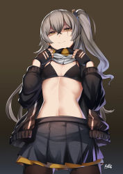 Rule 34 | 1girl, absurdres, belko, bikini, bikini top only, black bikini, black gloves, black jacket, black skirt, breast hold, breasts, brown eyes, closed mouth, clothes lift, fingerless gloves, girls&#039; frontline, gloves, gradient background, grey hair, highres, jacket, long hair, long sleeves, looking at viewer, midriff, navel, one side up, open clothes, open jacket, pantyhose, pleated skirt, scar, scar across eye, scar on face, shaded face, shirt lift, skirt, small breasts, smile, solo, swimsuit, ump45 (girls&#039; frontline)