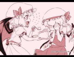 Rule 34 | 2girls, bat wings, bow, covering face, crystal, fang, flandre scarlet, food, hat, hat bow, letterboxed, looking at another, mob cap, monochrome, multiple girls, name connection, open mouth, plate, ponytail, profile, pudding, puffy sleeves, red background, remilia scarlet, ribbon, sash, shirt, short hair, short sleeves, siblings, side ponytail, simple background, sisters, skirt, skirt set, smile, song name, spacezin, spot color, sweat, text focus, touhou, trembling, vest, wings
