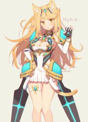 Rule 34 | 1girl, animal ears, bare legs, bare shoulders, blonde hair, breasts, cat ears, chest jewel, cleavage, cleavage cutout, clothing cutout, dress, earrings, elbow gloves, extra ears, gloves, jewelry, long hair, mythra (xenoblade), short dress, solo, swept bangs, thigh strap, tiara, very long hair, white dress, white gloves, wusagi2, xenoblade chronicles (series), xenoblade chronicles 2, yellow eyes