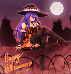 Rule 34 | 1girl, absurdres, airisubaka, blue hair, boots, breasts, broom, broom riding, cleavage, halloween, halloween costume, hat, highres, iris heart, large breasts, long hair, looking at viewer, moon, neptune (series), red eyes, smile, solo, symbol-shaped pupils, very long hair, witch, witch hat