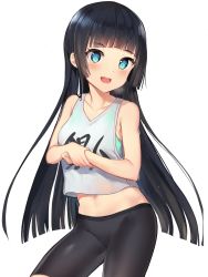 Rule 34 | 1girl, :d, absurdres, bad id, bad twitter id, bada (jksh5056), bare arms, bare shoulders, bike shorts, black hair, black shorts, blue eyes, blush, breasts, clothes writing, collarbone, commentary request, cowboy shot, crop top, highres, long hair, looking at viewer, midriff, open mouth, original, own hands together, shirt, shirt overhang, short shorts, shorts, sidelocks, simple background, sleeveless, sleeveless shirt, smile, solo, sweat, tank top, very long hair, white background, white shirt