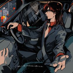 Rule 34 | 2boys, black eyes, car interior, city, closed mouth, commentary request, driving, expressionless, feet out of frame, formal, grey jacket, grey pants, hair between eyes, ichijou seiya, jacket, kaiji, long hair, long sleeves, male focus, medium bangs, multiple boys, murakami tamotsu, neckerchief, pants, pov, profile, reaching, reaching towards viewer, red hair, red shirt, reflection, seatbelt, shirt, solo focus, steering wheel, suit, unknown03162, white neckerchief