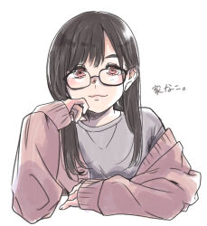 Rule 34 | 1girl, black hair, brown eyes, cardigan, closed mouth, commentary request, cropped torso, glasses, grey shirt, head rest, highres, kashikaze, long hair, long sleeves, looking at viewer, misaki nako, open cardigan, open clothes, pink cardigan, real life, shirt, simple background, single off shoulder, sleeves past wrists, solo, translation request, upper body, voice actor, white background