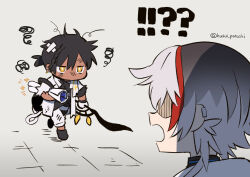Rule 34 | !, 2boys, ?, arknights, bag, bandaid, bandaid on head, black bag, black footwear, black hair, black shirt, chibi, commentary request, dark-skinned male, dark skin, dirt, earrings, elysium (arknights), feather hair ornament, feathers, full body, grey background, hair ornament, holding, holding sword, holding weapon, husui parashi, infection monitor (arknights), jacket, jewelry, jitome, messy hair, multicolored hair, multiple boys, pants, rolled up paper, shaded face, shirt, short hair, simple background, sparkle, streaked hair, surprised, sword, thorns (arknights), torn clothes, twitter username, upper body, weapon, white hair, white jacket, white pants, yellow eyes