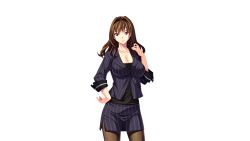 Rule 34 | 1girl, aotonbo, breasts, brown hair, cleavage, female focus, formal, game cg, hand on own hip, large breasts, legs, long hair, looking at viewer, ohanabatakerun, pantyhose, pink eyes, serious, simple background, skirt, solo, standing, striped, suit, thighs, white background, xx of the dead