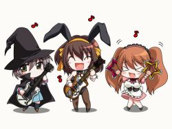 Rule 34 | &gt; &lt;, 00s, 3girls, :d, ^ ^, animal ears, animated, animated gif, apron, asahina mikuru, bare shoulders, bass guitar, black hair, blush stickers, bow, bowtie, breasts, brown hair, cape, chibi, chibi only, closed eyes, corset, dual wielding, electric guitar, expressionless, fake animal ears, frills, full body, grey hair, guitar, hair between eyes, hair ribbon, hairband, happy, hat, holding, instrument, kneehighs, large breasts, leotard, lineup, loafers, long hair, looking at viewer, maid, maid apron, maid headdress, motion lines, multiple girls, music, musical note, nagato yuki, neck ribbon, no nose, official alternate hairstyle, open mouth, pantyhose, playboy bunny, playing instrument, pleated skirt, puffy sleeves, quaver, rabbit ears, raised eyebrows, ribbon, school uniform, serafuku, shadow, shirt, shoes, short hair, short sleeves, simple background, skirt, sleeve cuffs, smile, socks, standing, strapless, suzumiya haruhi, suzumiya haruhi no yuuutsu, tambourine, twintails, white background, witch, witch hat, wrist cuffs, xd, yellow eyes