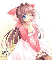 Rule 34 | 1girl, artist name, asakura otome, basket, blue eyes, blush, bow, breasts, brown hair, cherry blossoms, collarbone, commentary request, da capo, da capo ii, dress, hair between eyes, hair bow, holding, holding basket, jacket, kayura yuka, large bow, long hair, long sleeves, looking at viewer, medium breasts, one eye closed, open mouth, outdoors, pink bow, pink dress, pink jacket, sidelocks, signature, smile, solo, strapless, strapless dress