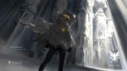 Rule 34 | 1girl, amulet, architecture, artist name, backlighting, bad id, bad pixiv id, black gloves, blonde hair, blue eyes, cloak, dress, dutch angle, eyeball, from below, gloves, glowing, highres, hood, horns, indoors, long sleeves, looking at viewer, looking to the side, miv4t, people, pillar, pixiv fantasia, pixiv fantasia t, ponytail, robe, silhouette, single horn, solo focus, standing, statue, sunlight, white dress